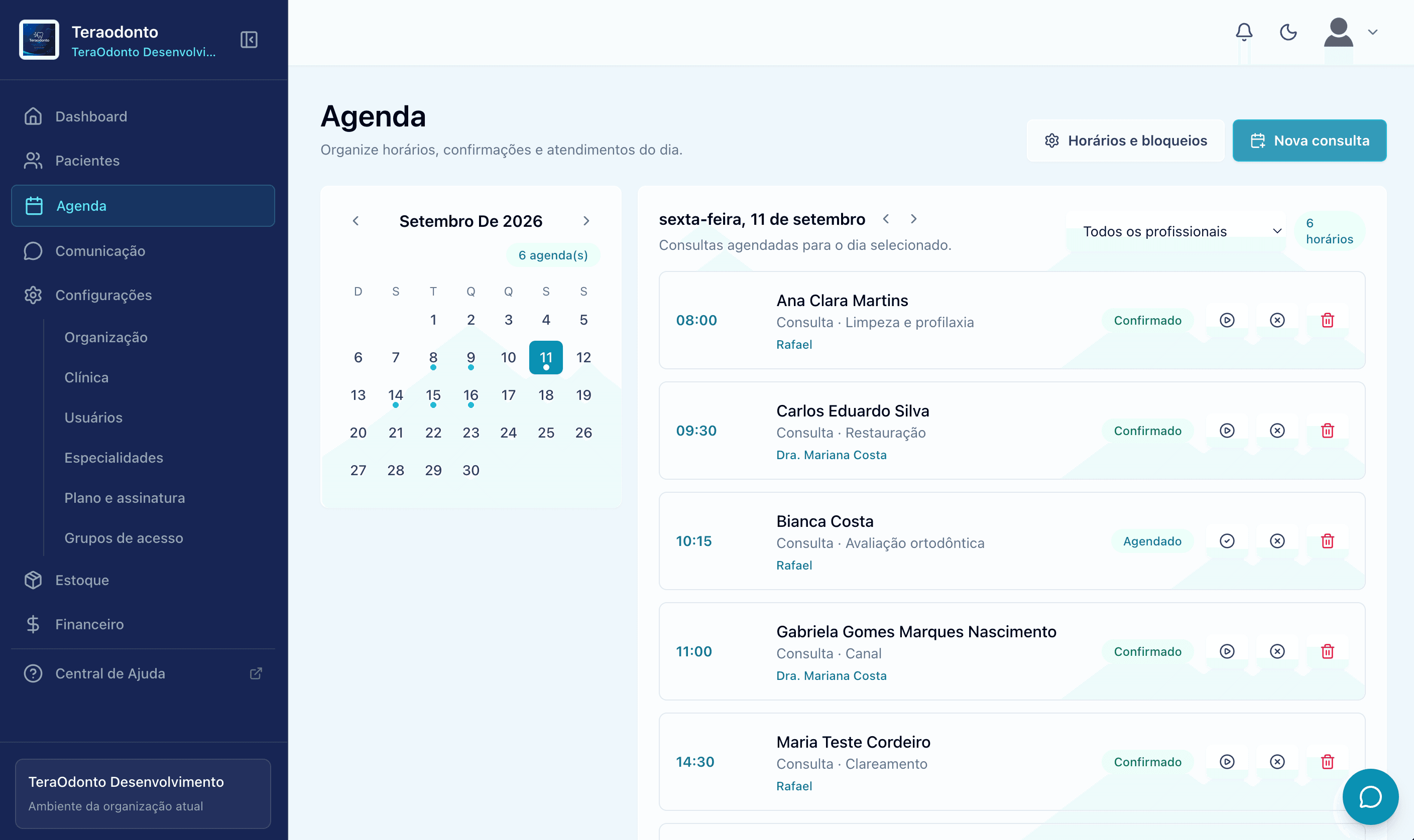 Agenda do TeraOdonto com calendário e consultas do dia